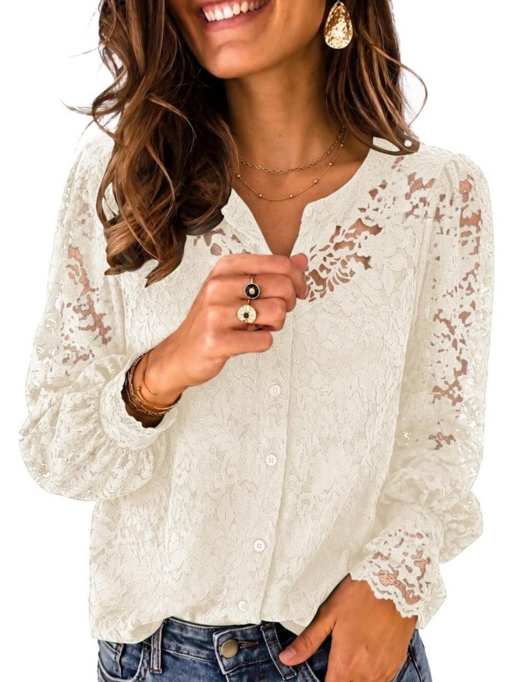 Chic Long Sleeve Lace Top Blouse for Women - Dressy Casual Button-Up Shirt